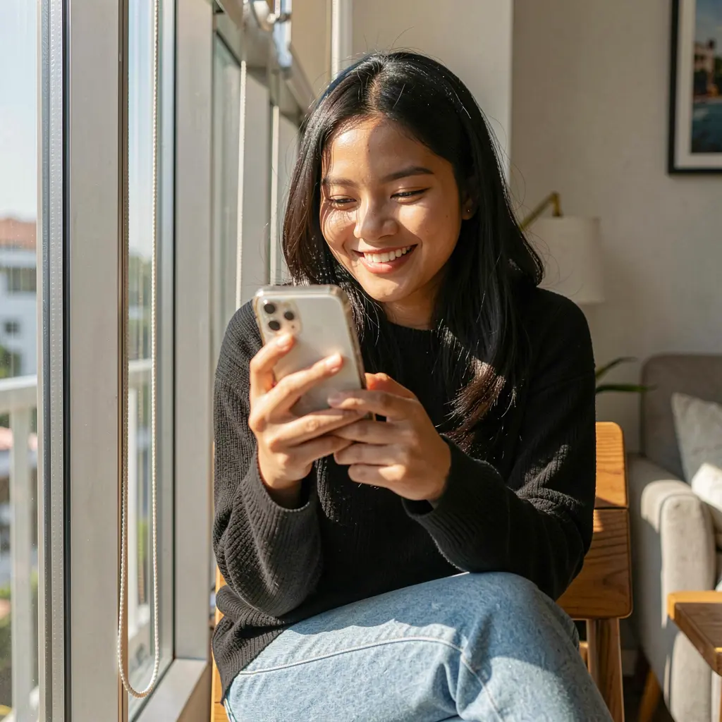 Filipino woman smiling while using the ALTIXBLITZ mobile casino app on her smartphone beside a bright window