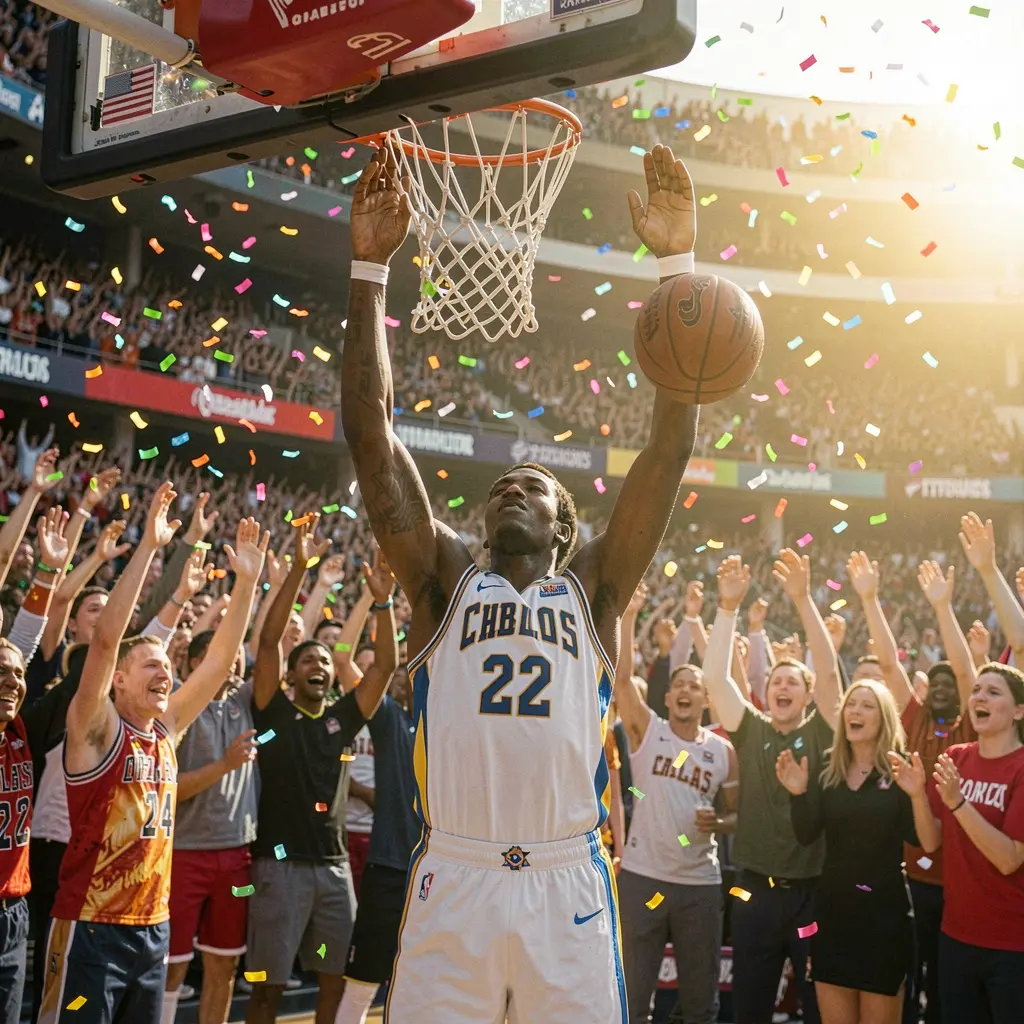 Excited basketball player raising his arms after a big score with cheering fans and confetti showcasing the thrill of live basketball betting on ALTIXBLITZ in the Philippines