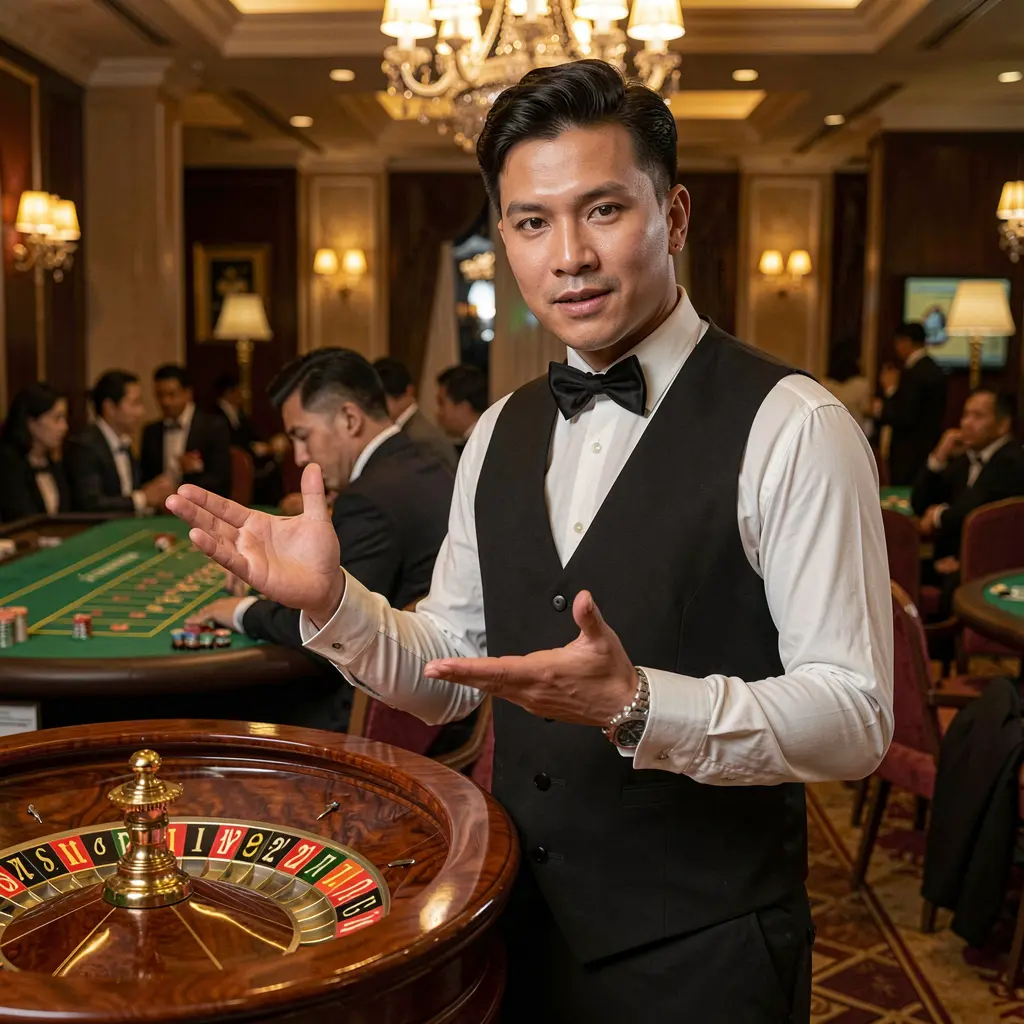 Confident casino dealer in a luxury gaming hall with roulette tables and chandeliers highlighting the high class ALTIXBLITZ online casino experience in the Philippines