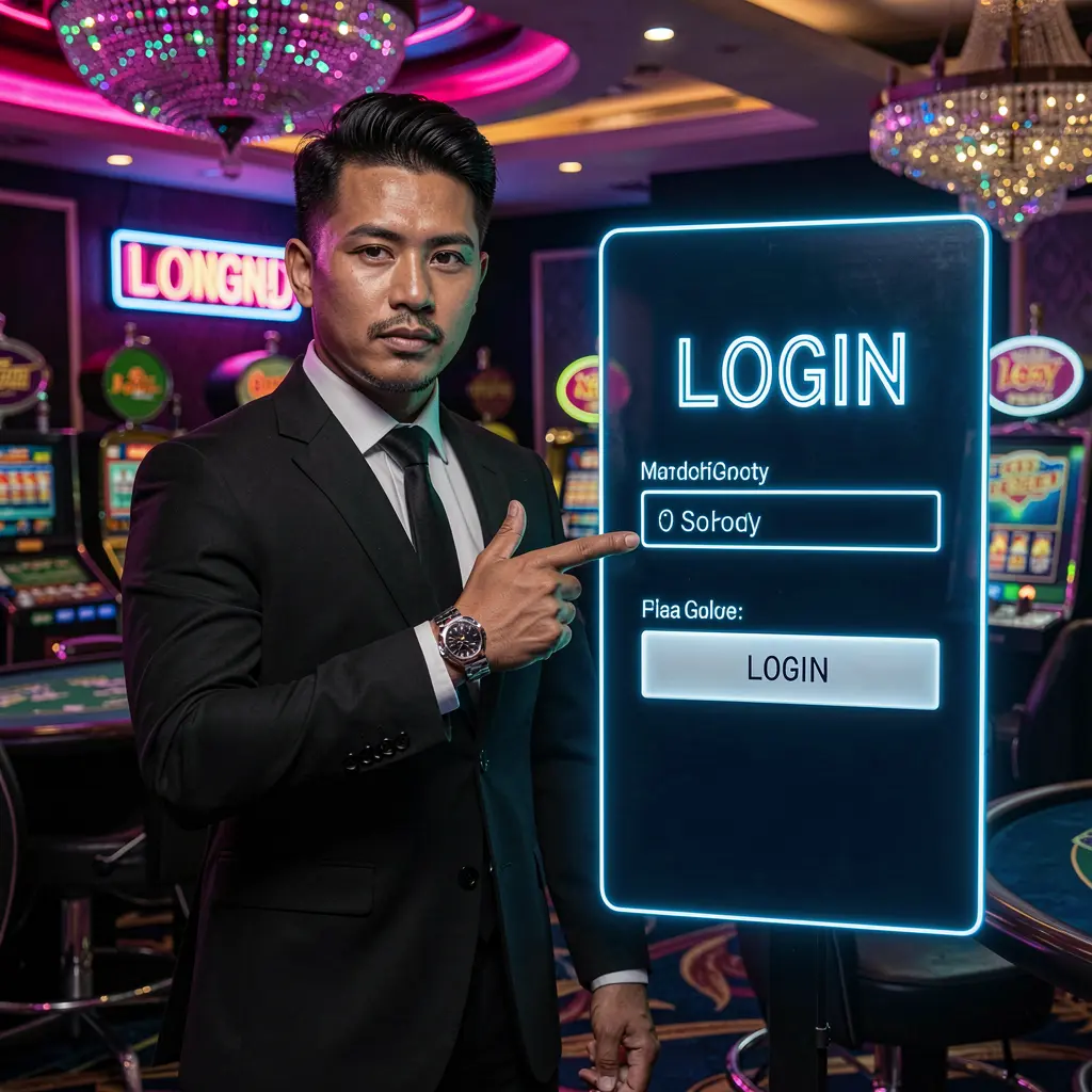 Confident ALTIXBLITZ dealer in a luxury casino environment pointing at a glowing digital login sign highlighting premium access for players in the Philippines