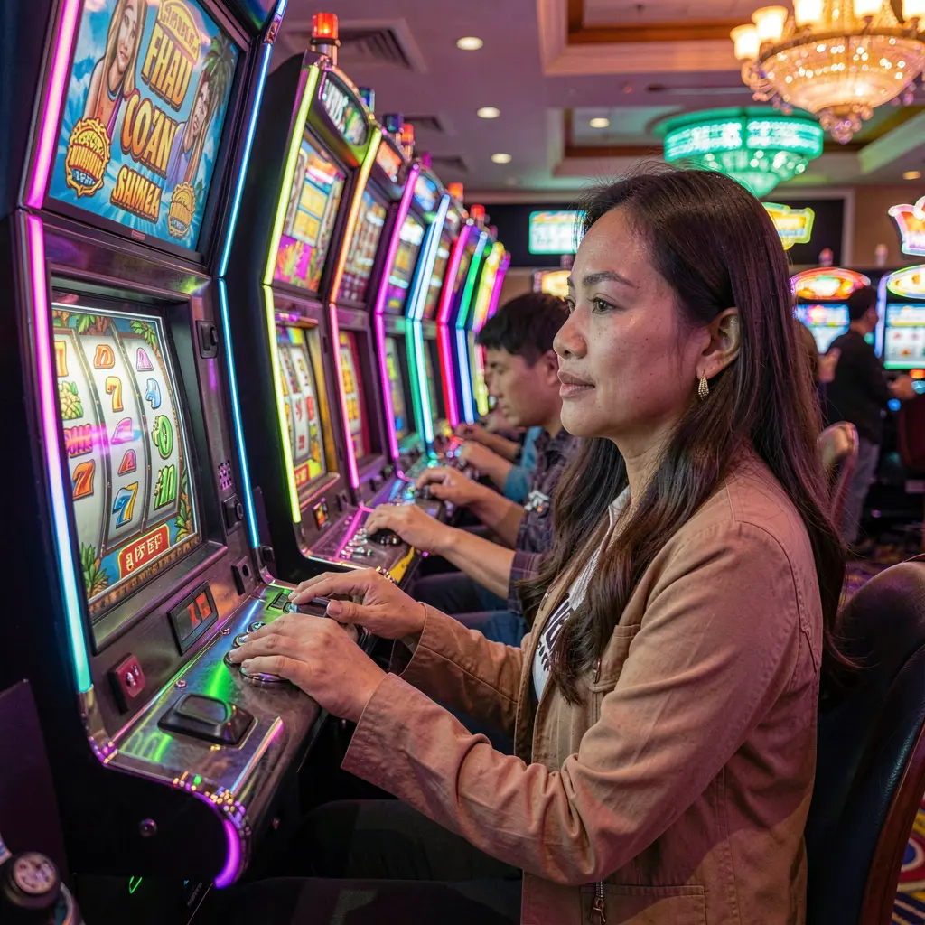 A stylish Filipino woman enjoying modern slot machines in a vibrant casino atmosphere at ALTIXBLITZ with colorful lights and immersive gaming action